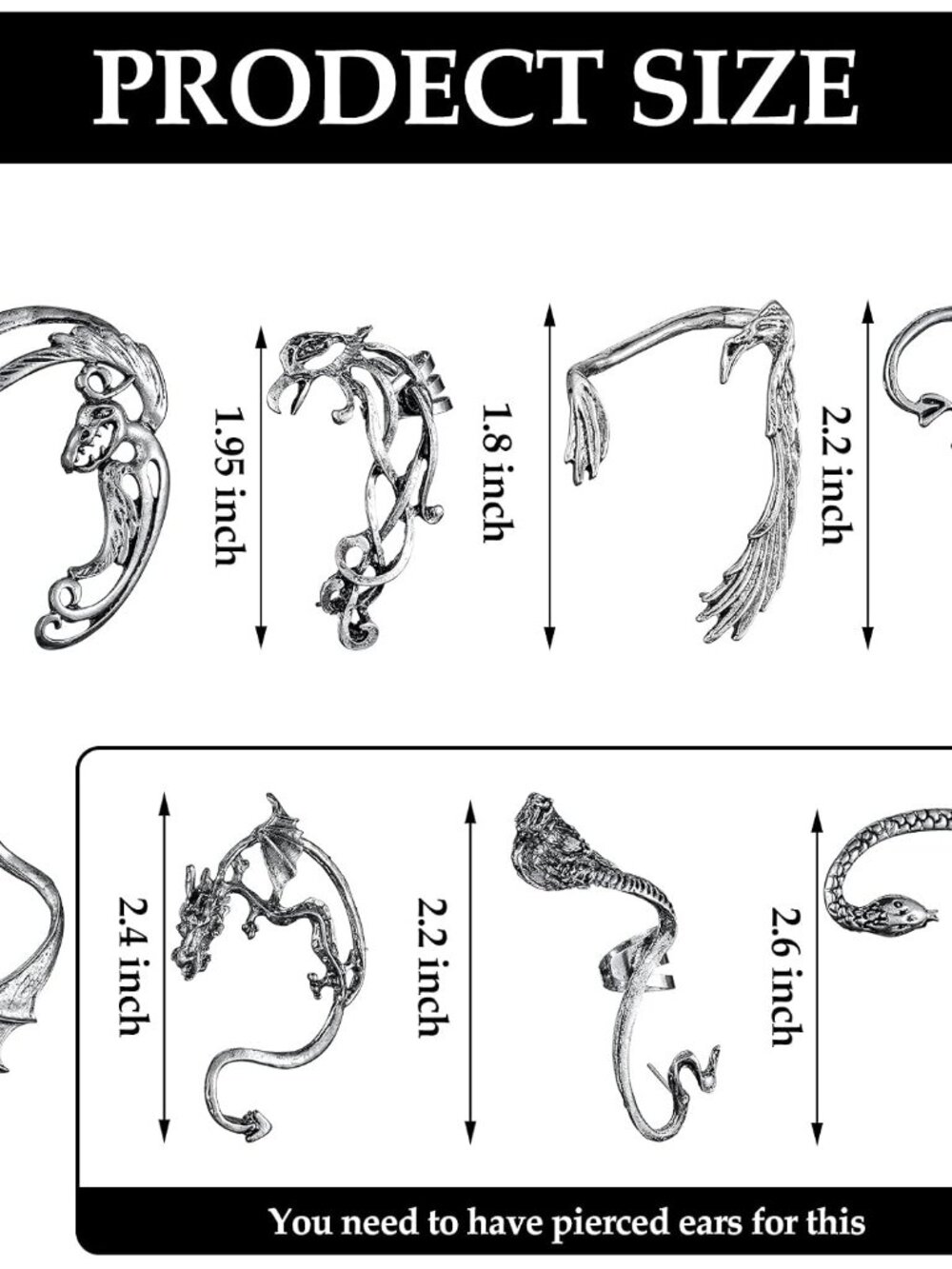 8 Pcs Punk Earrings Dragon Ear Cuff Vintage Retro Snake Bat Crow Ear Climber Ear - Picture 2 of 7